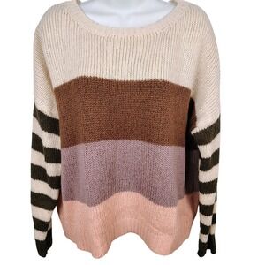 Style Me Womens L Colorblock Striped Sleeve Sweater Multicolor Knit Boho Retro